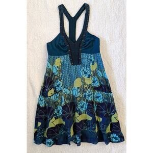 FREE PEOPLE Blue & Green V Neck Racerback Open Knit Print Dress 6